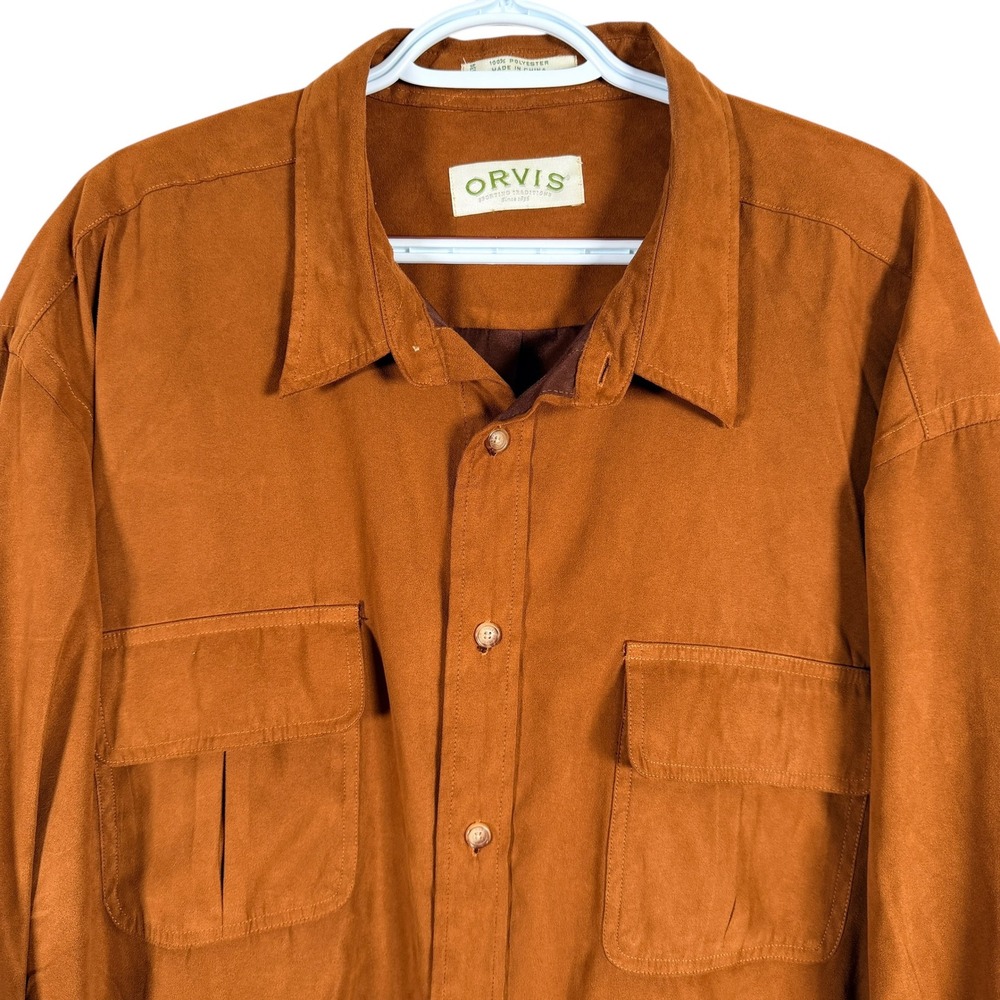 Orvis Faux Suede Shirt Button Up Mens 2XL Rust Brown Long Sleeve Polyester